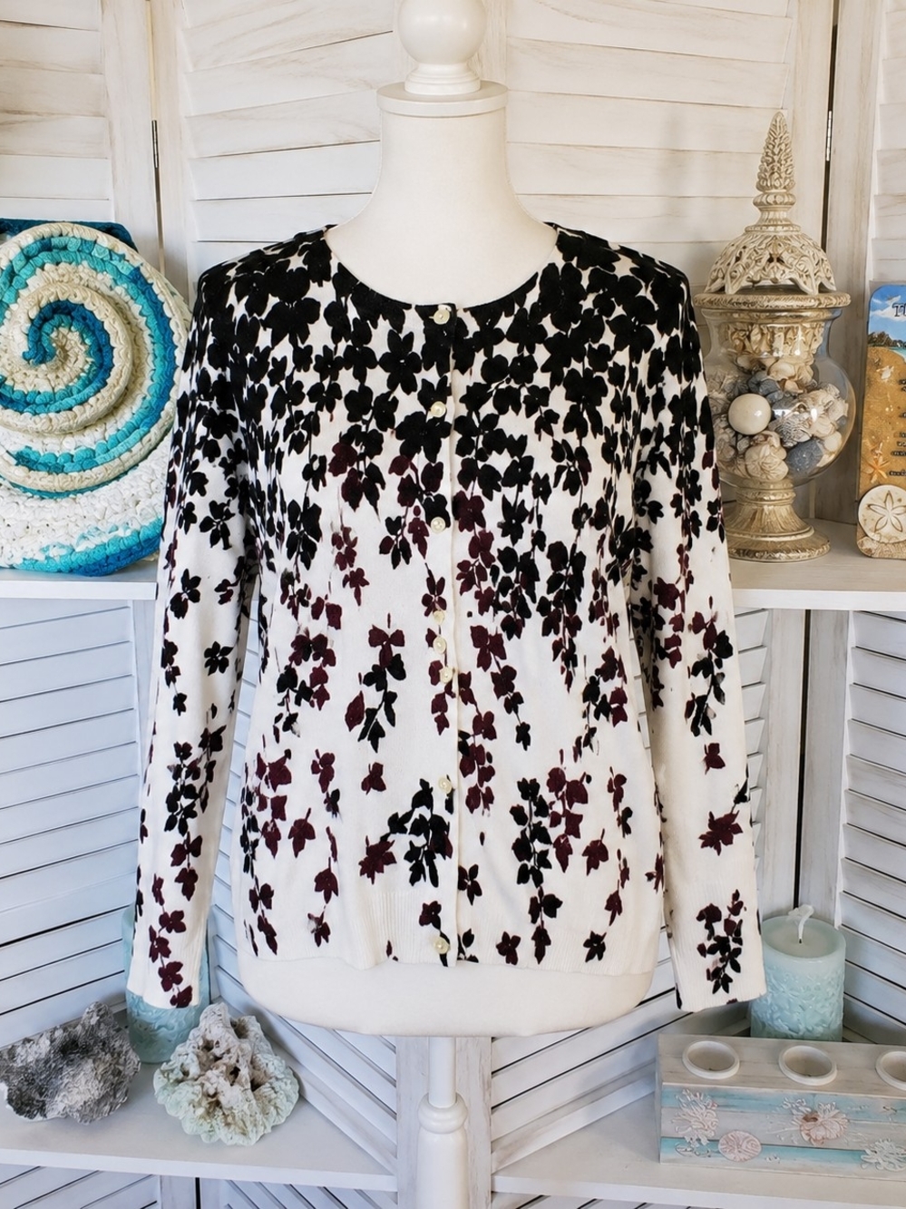 Croft & Barrow White With Black & Burgandy Floral-Print Cardigan SZ PM